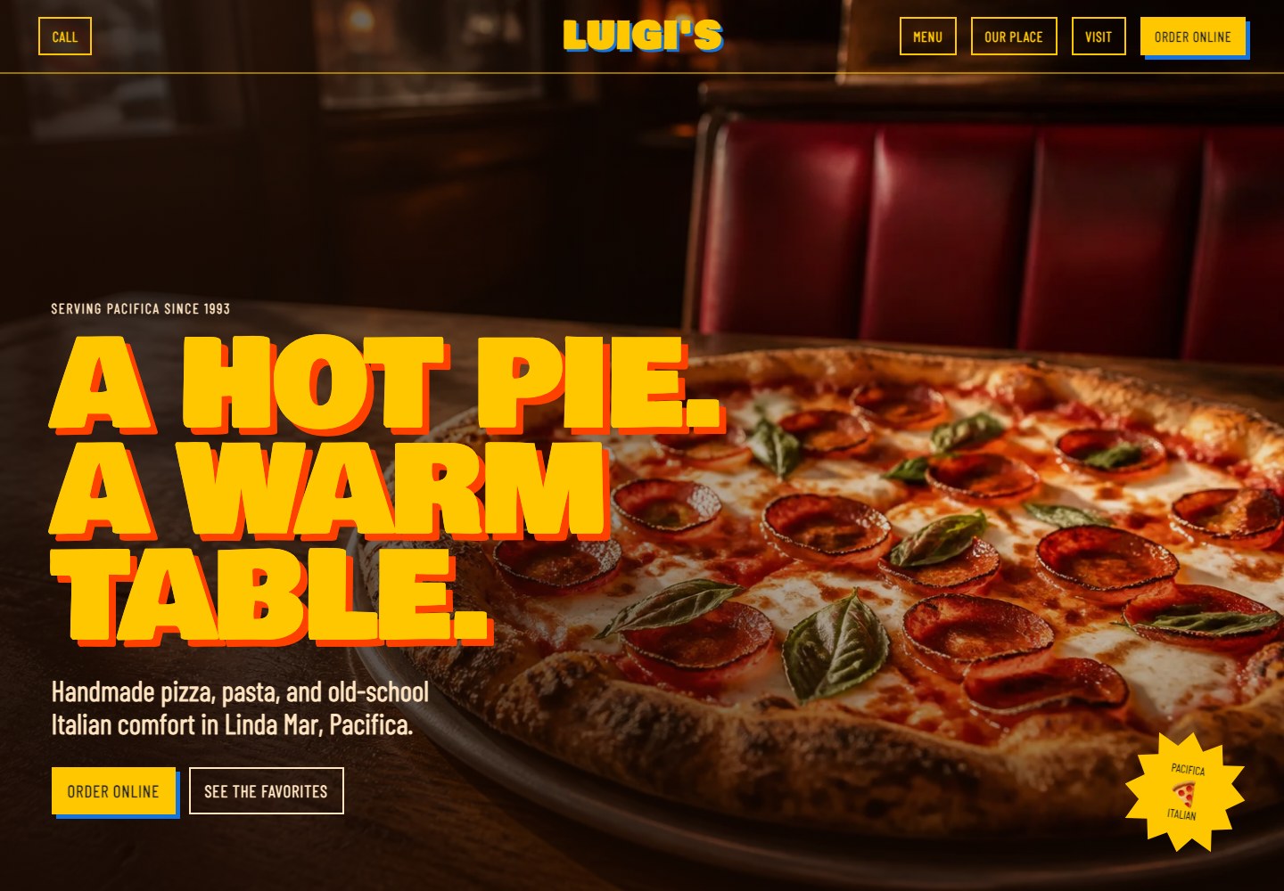 Luigi’s Pizza website with bold yellow typography and a pizza photograph